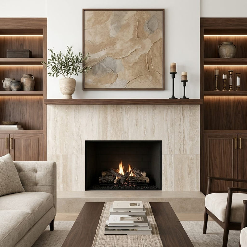 Ivory Vein Cut 18x36 Honed Travertine Tile — Living Room fireplace surround
