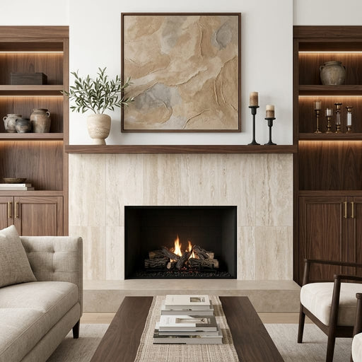 Ivory Vein Cut 18x36 Honed Travertine Tile — Living Room fireplace surround