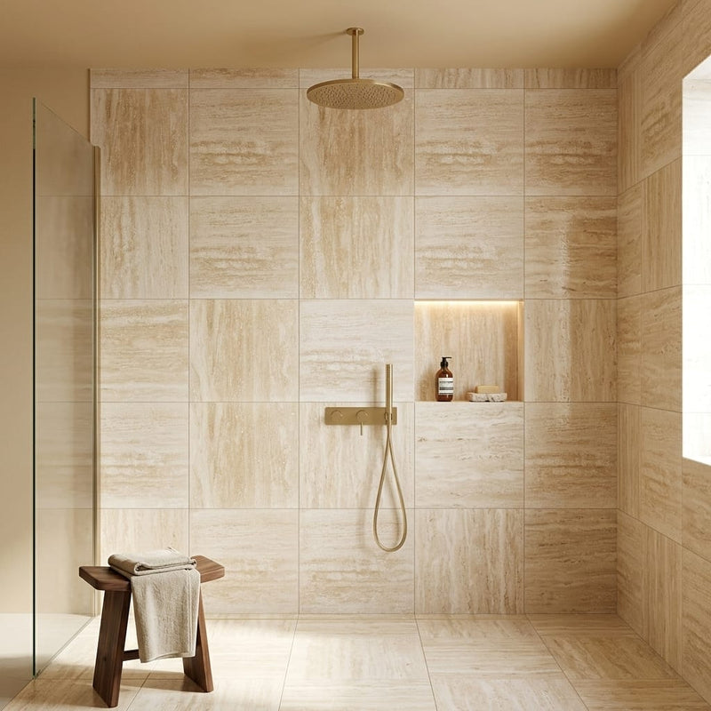 Ivory Vein Cut 24x24 Honed Travertine Tile — Bathroom shower wall