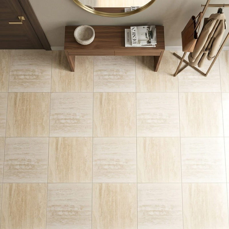 Ivory Vein Cut 24x24 Honed Travertine Tile — Foyer floor