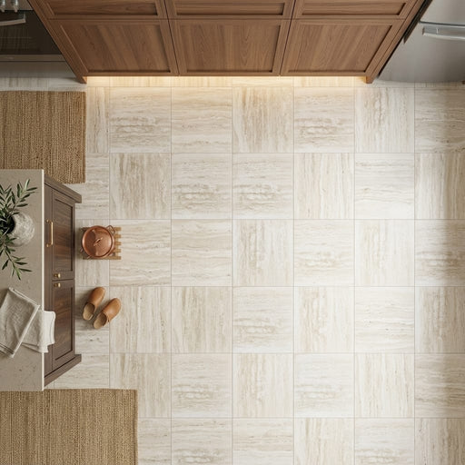 Ivory Vein Cut 24x24 Honed Travertine Tile — Kitchen floor