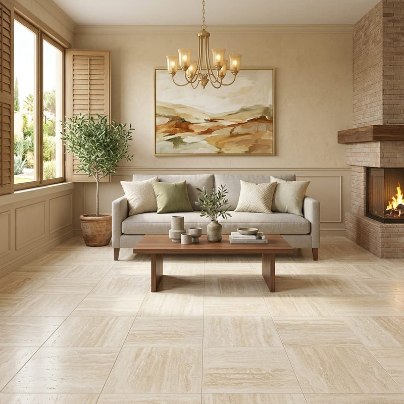 Ivory Vein Cut 24x24 Honed Travertine Tile — Living Room floor
