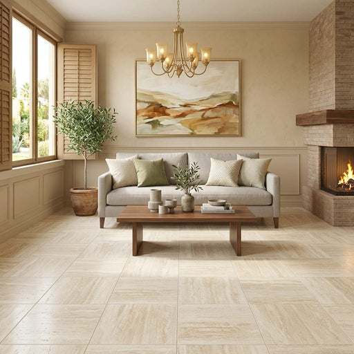 Ivory Vein Cut 24x24 Honed Travertine Tile — Living Room floor