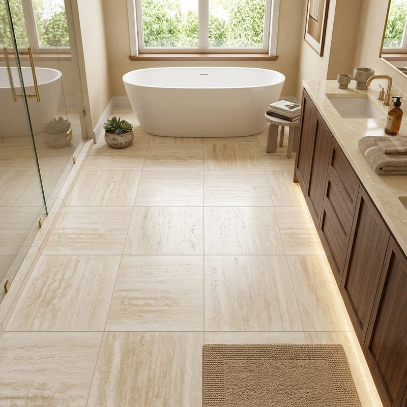 Ivory Vein Cut 24x24 Honed Travertine Tile — Primary Bath floor