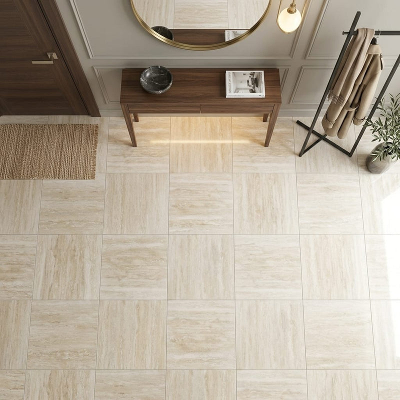 Ivory Vein Cut 24x24 Polished Travertine Tile — Foyer floor