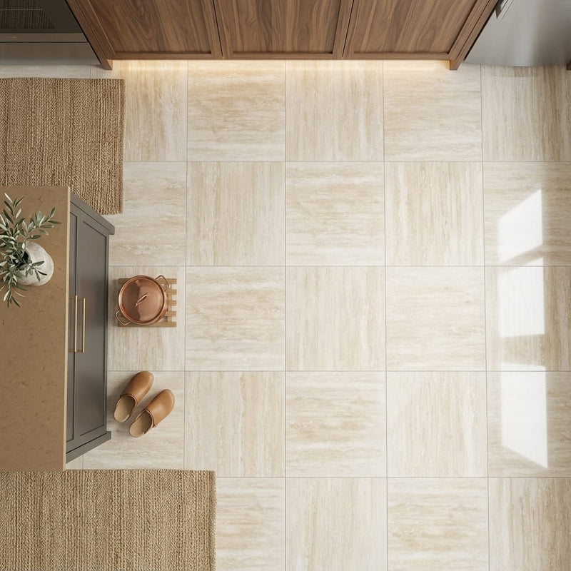 Ivory Vein Cut 24x24 Polished Travertine Tile — Kitchen floor