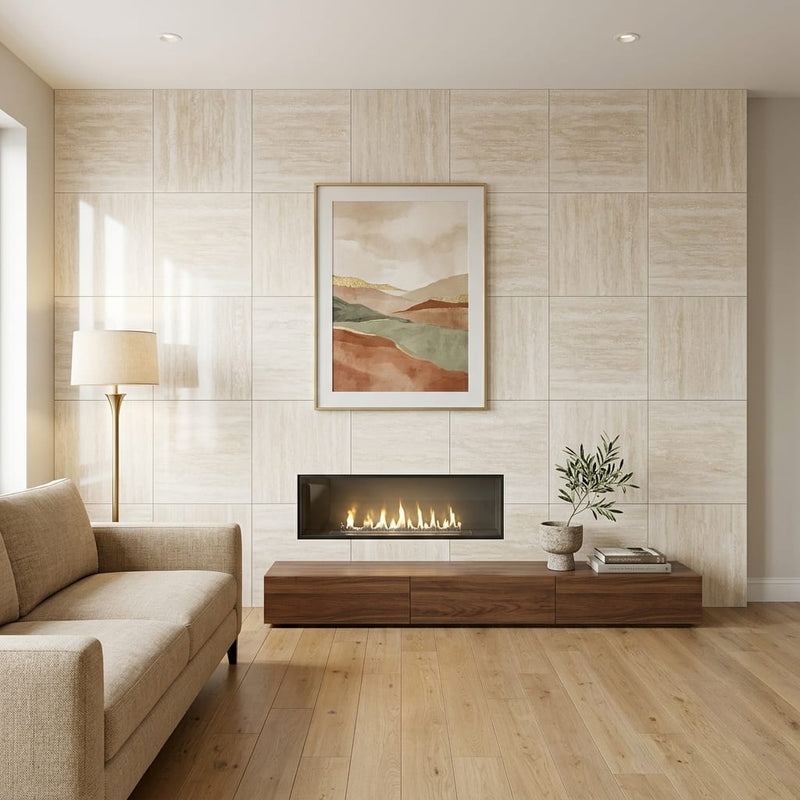 Ivory Vein Cut 24x24 Polished Travertine Tile — Living Room feature wall