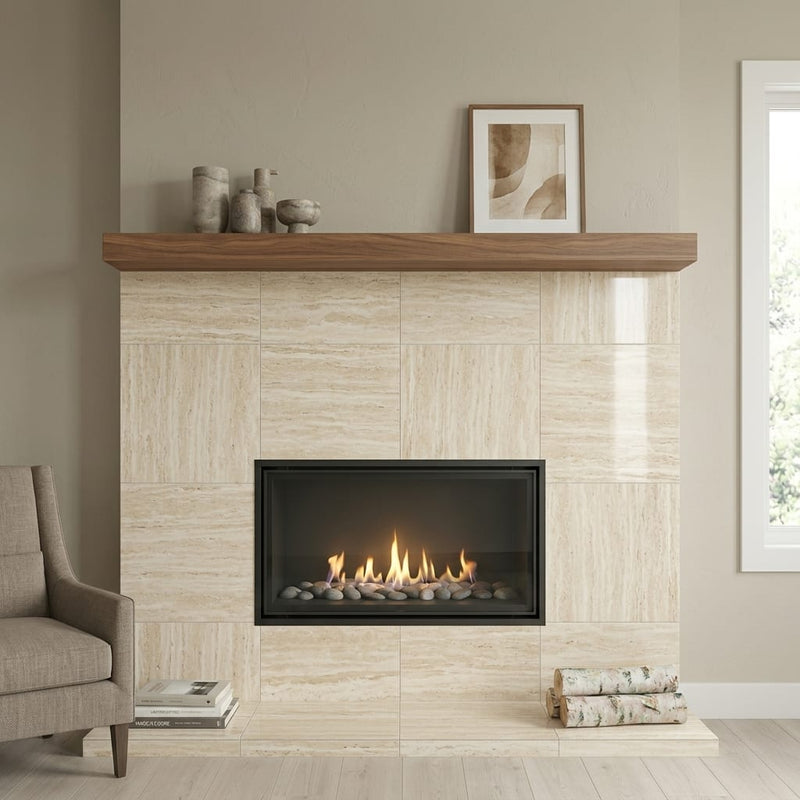 Ivory Vein Cut 24x24 Polished Travertine Tile — Living Room fireplace surround