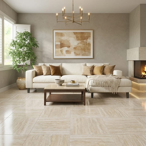 Ivory Vein Cut 24x24 Polished Travertine Tile — Living Room floor