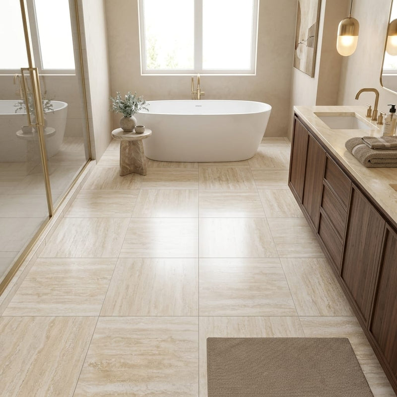 Ivory Vein Cut 24x24 Polished Travertine Tile — Primary Bath floor