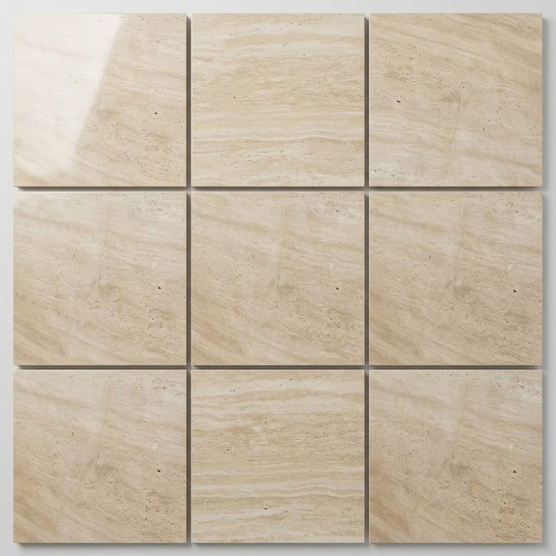 Ivory Vein Cut Travertine Tile 12x12 Polished close-up