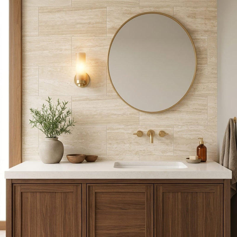 Travertine Tile - Ivory Vein Cut - Honed and Filled - 12x24 — Bathroom vanity wall