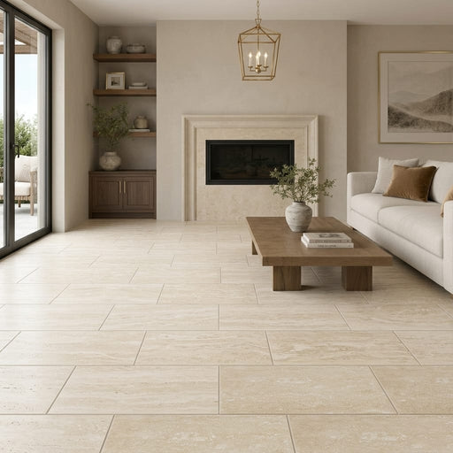 Travertine Tile - Ivory Vein Cut - Honed and Filled - 12x24 — Living Room floor
