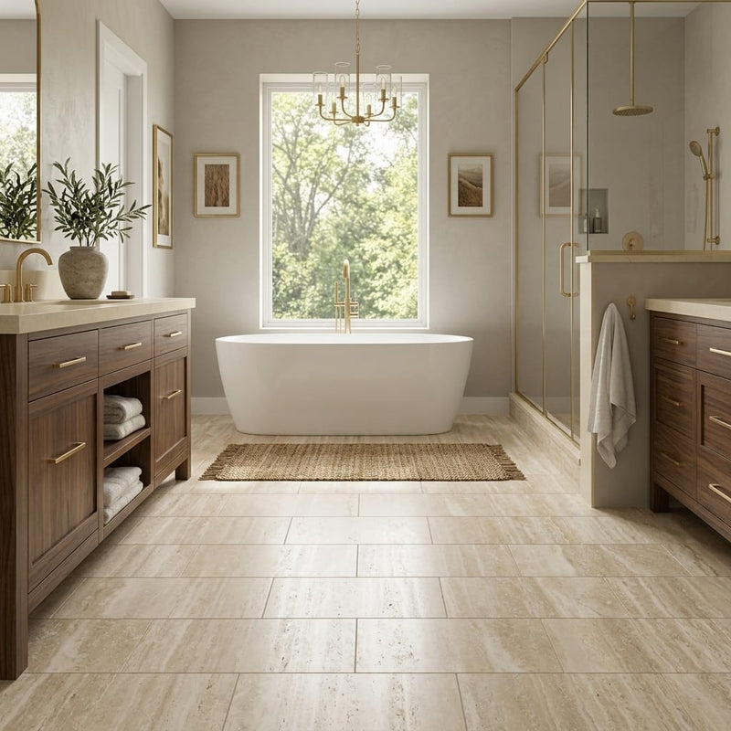 Travertine Tile - Ivory Vein Cut - Honed and Filled - 12x24 — Primary Bath floor