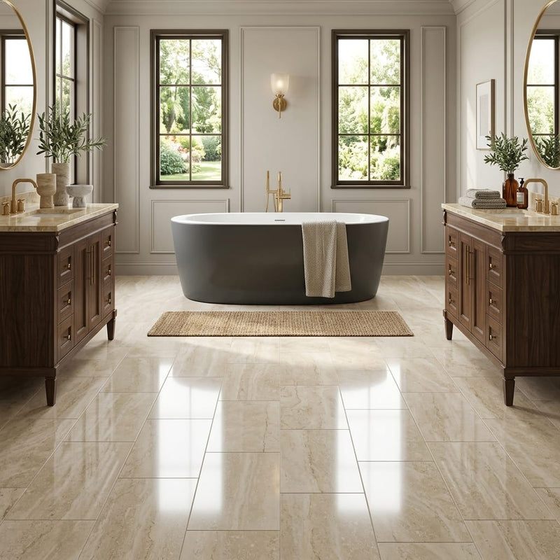Ivory Vein Cut Travertine Tile 12x24 Polished — Bathroom floor