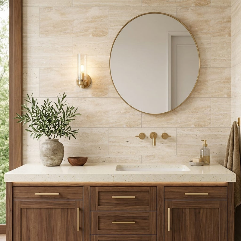 Ivory Vein Cut Travertine Tile 12x24 Polished — Bathroom vanity wall