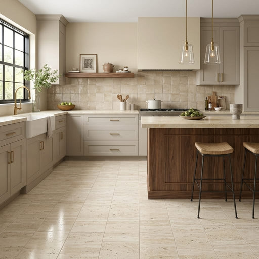Ivory Vein Cut Travertine Tile 12x24 Polished — Kitchen floor