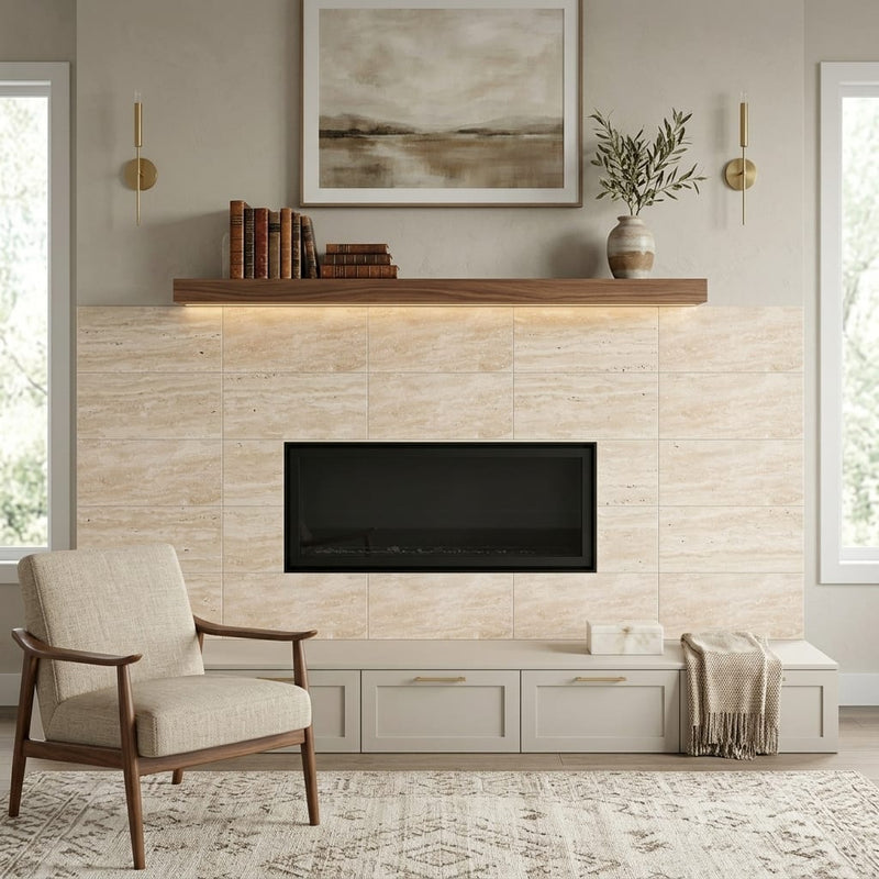 Ivory Vein Cut Travertine Tile 12x24 Polished — Living Room fireplace surround