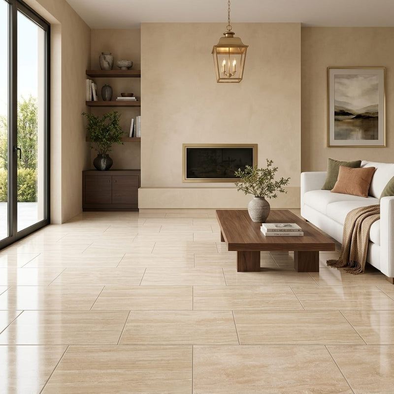 Ivory Vein Cut Travertine Tile 12x24 Polished — Living Room floor