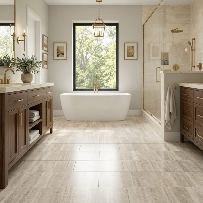 Ivory Vein Cut Travertine Tile 12x24 Polished — Primary Bath floor