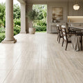 Ivory Vein Cut Travertine Tile 18x18 Honed — Covered Patio floor