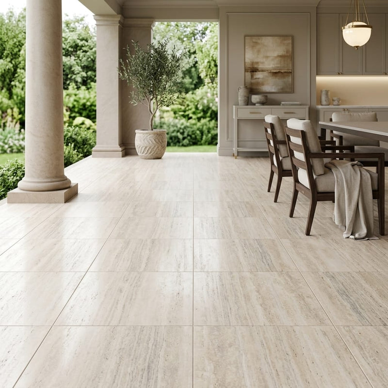 Ivory Vein Cut Travertine Tile 18x18 Honed — Covered Patio floor