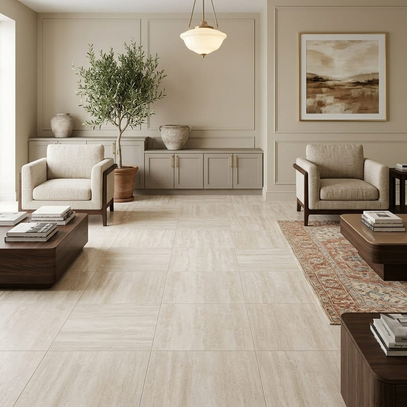 Ivory Vein Cut Travertine Tile 18x18 Honed — Family Room floor