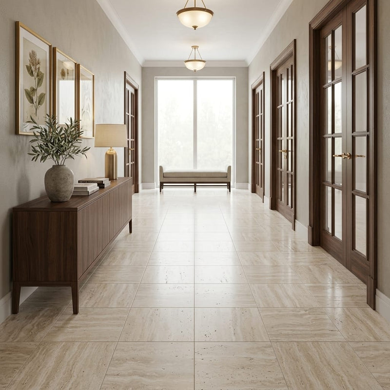 Ivory Vein Cut Travertine Tile 18x18 Honed — Hallway floor