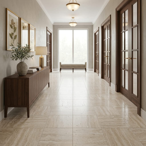 Ivory Vein Cut Travertine Tile 18x18 Honed — Hallway floor
