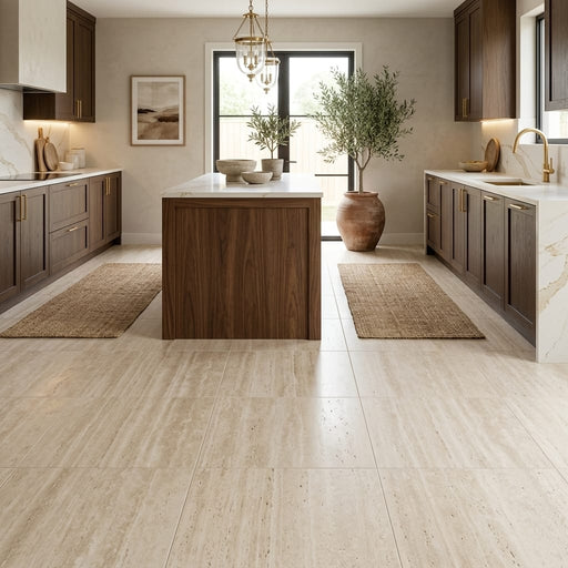 Ivory Vein Cut Travertine Tile 18x18 Honed — Kitchen floor