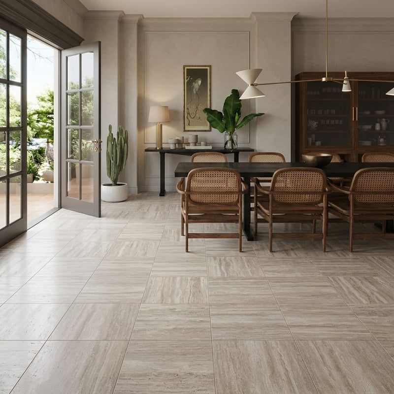Ivory Vein Cut Travertine Tile 18x18 Honed — Living Room floor