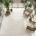 Ivory Vein Cut Travertine Tile 18x18 Honed — Sunroom floor