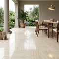 Ivory Vein Cut Travertine Tile 18x18 Polished — Covered Patio floor