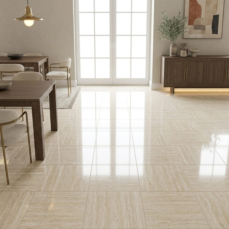 Ivory Vein Cut Travertine Tile 18x18 Polished — Dining Room floor