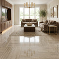 Ivory Vein Cut Travertine Tile 18x18 Polished — Family Room floor