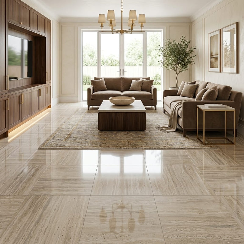 Ivory Vein Cut Travertine Tile 18x18 Polished — Family Room floor