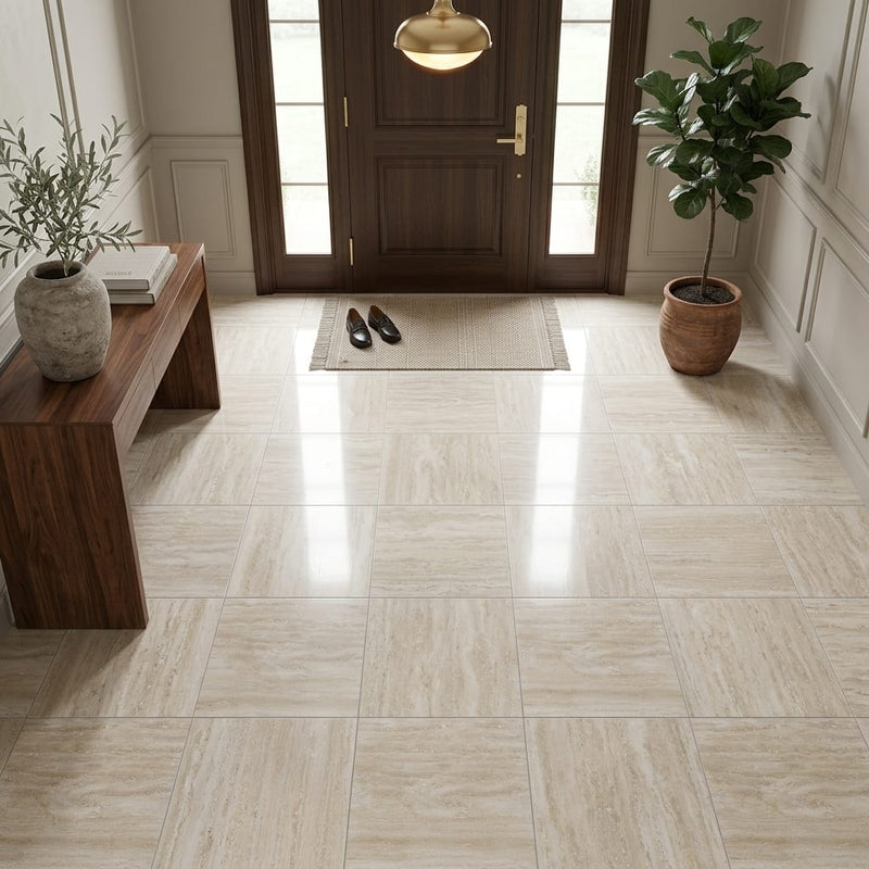Ivory Vein Cut Travertine Tile 18x18 Polished — Foyer floor