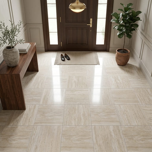 Ivory Vein Cut Travertine Tile 18x18 Polished — Foyer floor