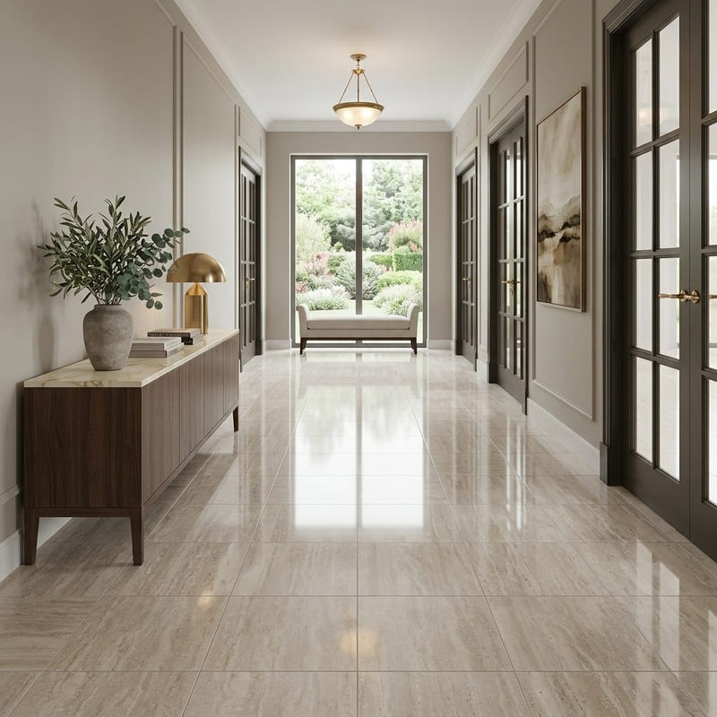 Ivory Vein Cut Travertine Tile 18x18 Polished — Hallway floor