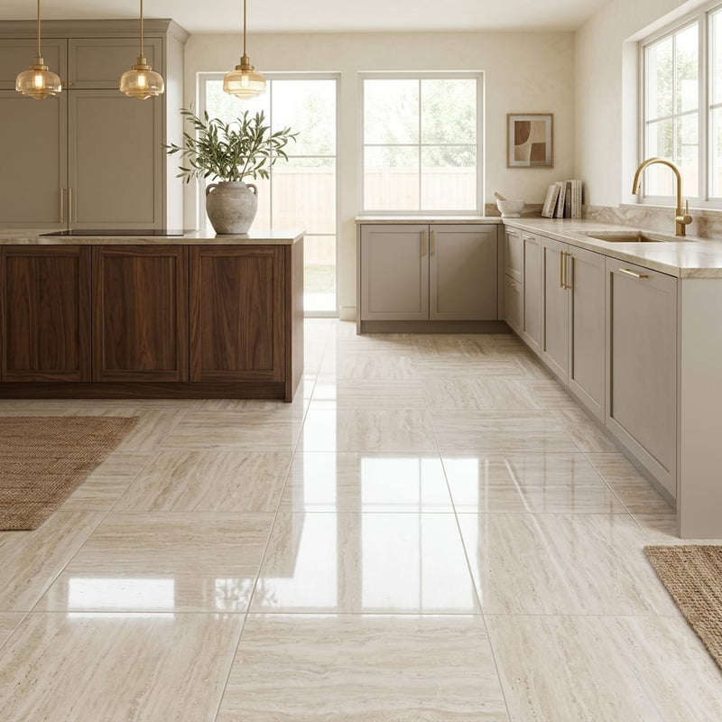 Ivory Vein Cut Travertine Tile 18x18 Polished — Kitchen floor