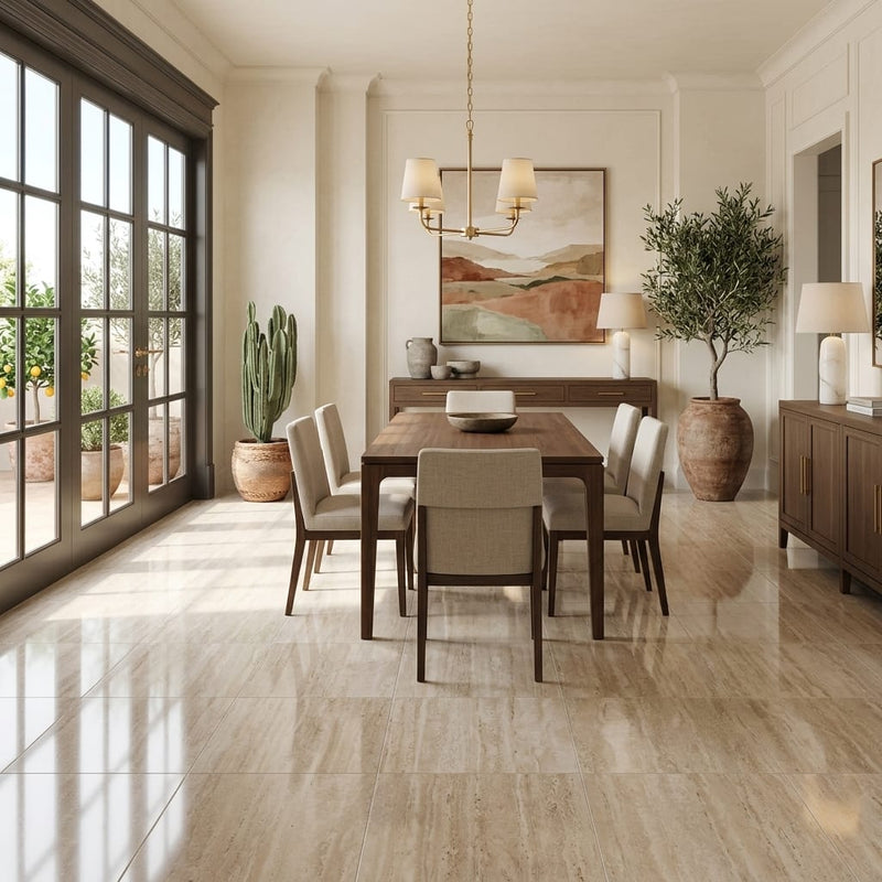 Ivory Vein Cut Travertine Tile 18x18 Polished — Living Room floor