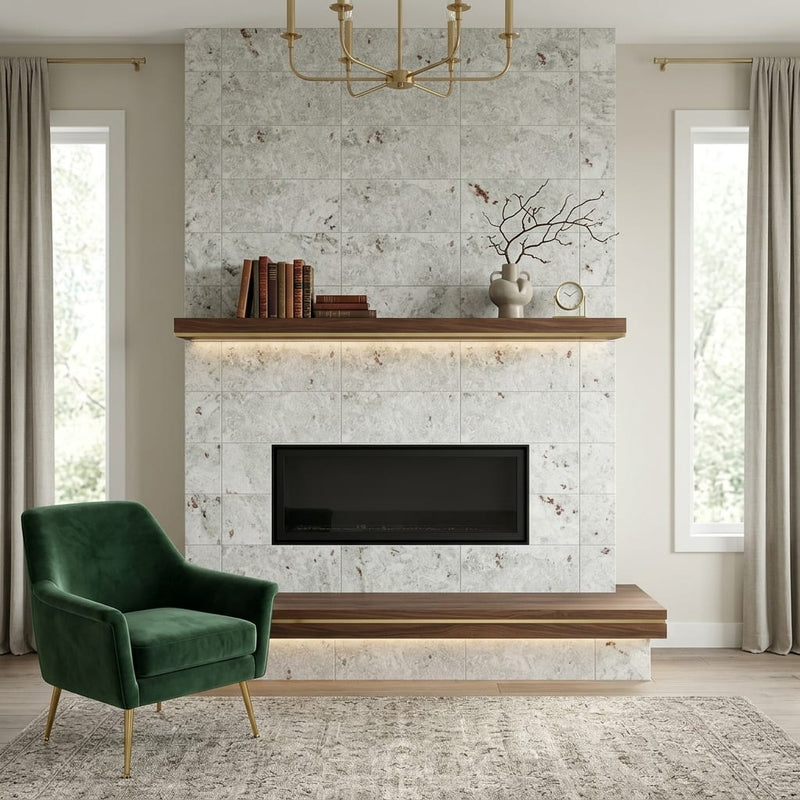 Jade Satin 12x24 Marble Tile — Living Room fireplace surround