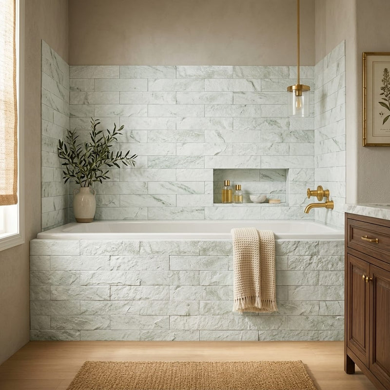 Jade Split 4x16 Marble Tile — Bathroom tub surround
