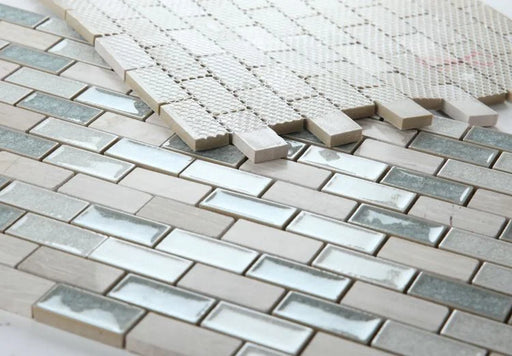 Jewel Swiss Blue 11.75x11.75 Brick Marble, Glass Mosaic