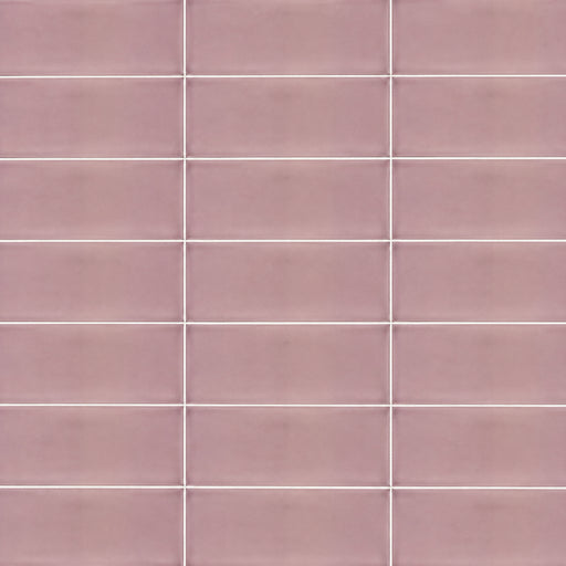 Joy Velvet Pink 4x10 ceramic wall tiles in muted pink with a horizontal stacked pattern and light grout lines.
