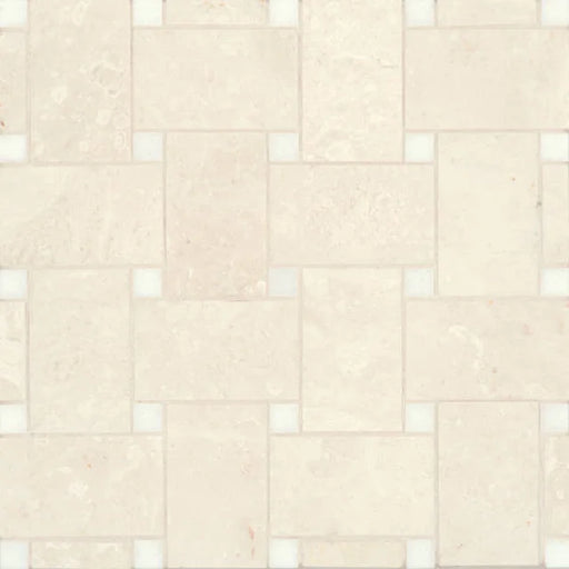 Jumbo Basketweave Beige Marble with Thassos Dot 11.25x11.25 Honed Mosaic