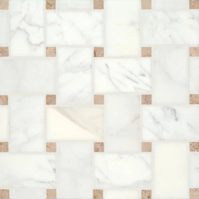 Jumbo Basketweave Marble Calacatta & Jura Beige Honed Dot 11.25x11.25 Mosaic