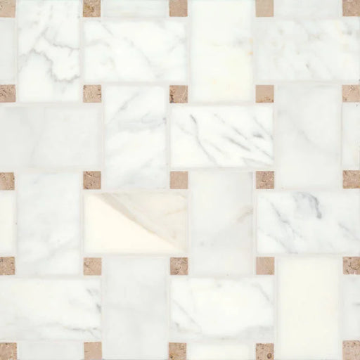 Jumbo Basketweave Marble Calacatta & Jura Beige Honed Dot 11.25x11.25 Mosaic