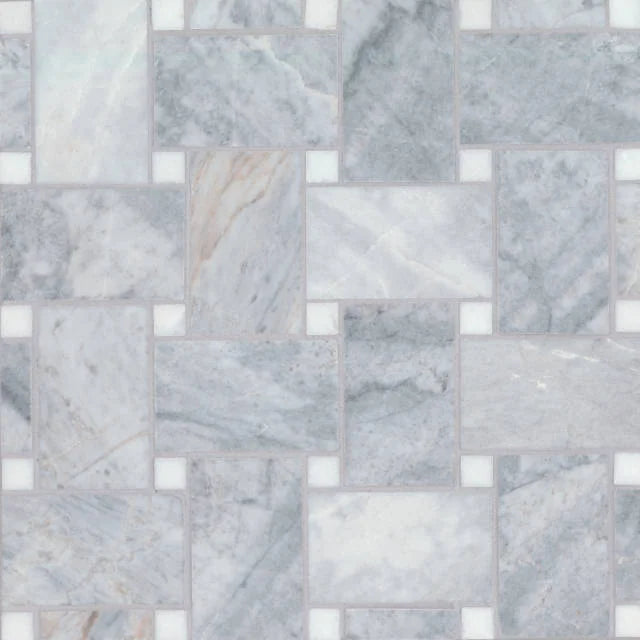 Jumbo Basketweave Glorious Blue & Thassos Dot 11.25x11.25 Honed Marble Mosaic