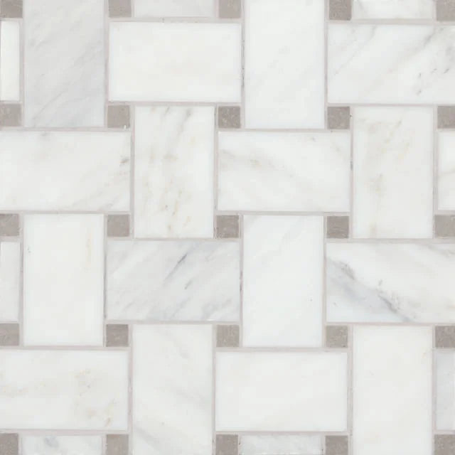 Jumbo Basketweave Oriental White & Cinder Grey Dot 11.25x11.25 Honed Marble Mosaic